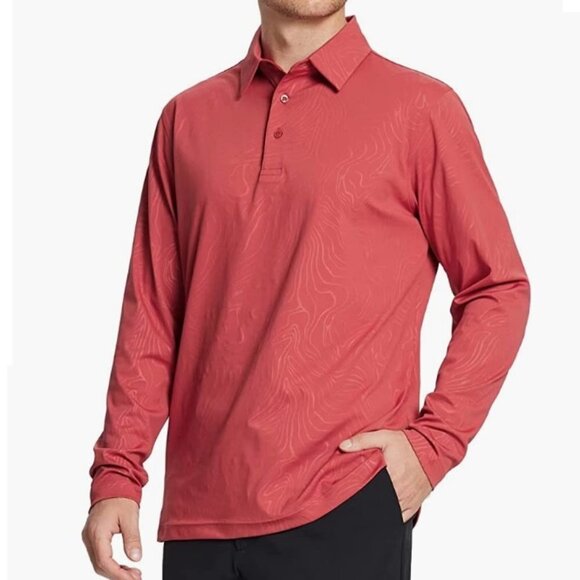 Golf Shirt Long Sleeve Casual Performance Dry Fit Embossed Polo Shirt 2XL - Picture 1 of 8